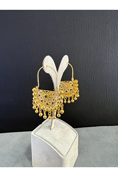 Midyat Artuklu Gümüşçülük Yeşil Akik Taşlı Gümüş Altın Kaplama Top Sallantılı Yöresel Küpe