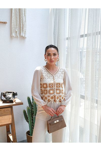 BLUE DAY'S Women's Crochet Cardigan Chiffon Sleeve Detail
