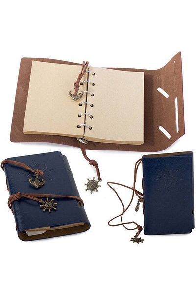 JEWELORA Retro/Vintage Leather Agenda, 70 sheets A6, 15 x 10 cm, Blue - Navy Blue