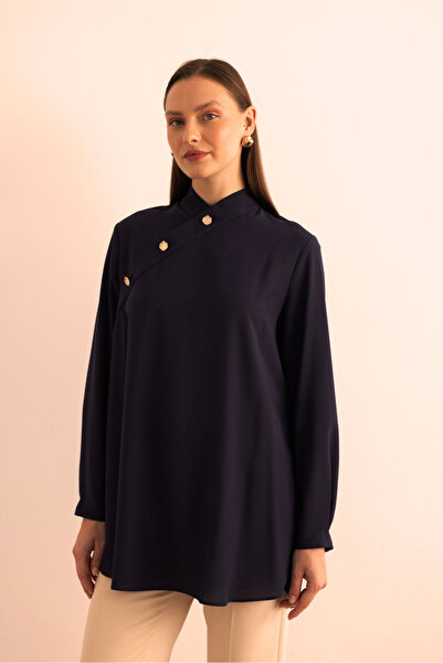 Aker Yakası Asimetrik , Metal Düğme Detaylı Dokuma Tunik