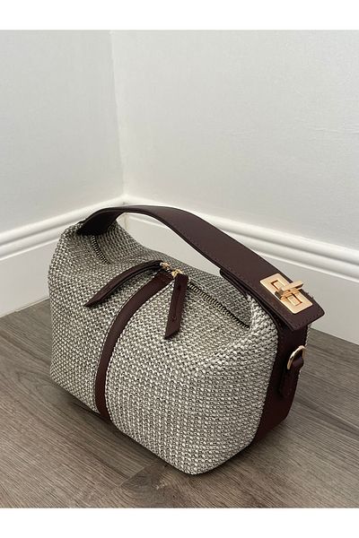 Lunova Brown Women's Linen Locked Sandal Hand and Shoulder Bag