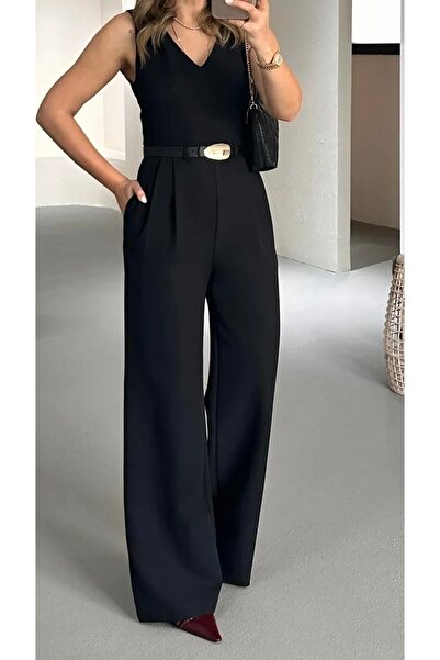 By Hanife Beyazateş KADIN KEMER DETAYLI V YAKA PALAZZO PAÇA TULUM