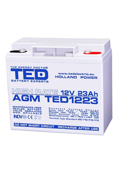TED Electric Baterie reîncărcabilă M5 12V staționară VRLA 23Ah AGM de mare putere, dimensiuni 181x76x167 mm, TED1223