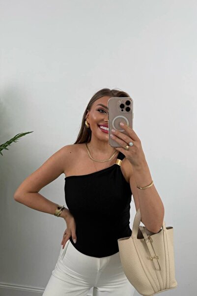 Rute butik One Shoulder Ottoman Fabric Gold Accessory Blouse