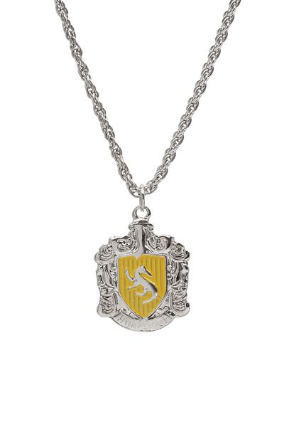 kolbi Harry Potter Hufflepuff Coat of Arms Necklace – Yellow Enamel Silver Color with Twisted Chain