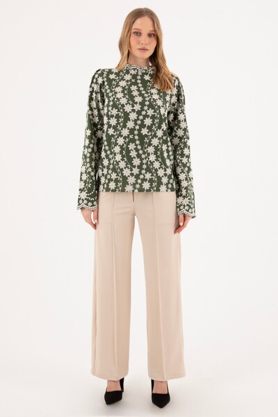 By Mare Style Garland-Laced Pure Cotton Khaki Blouse
