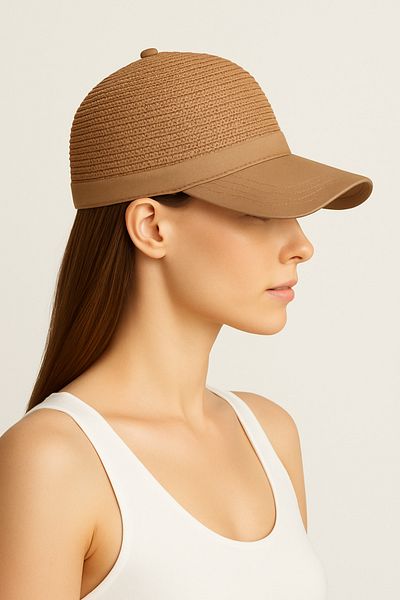 CosmoOutlet Women's Beige Straw Detailed Adjustable Sports Summer Beach Hat