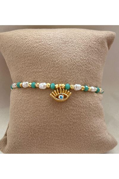 Goche Women's Bracelet with Pearl and Turquoise Beads Evil Eye Eye Figure