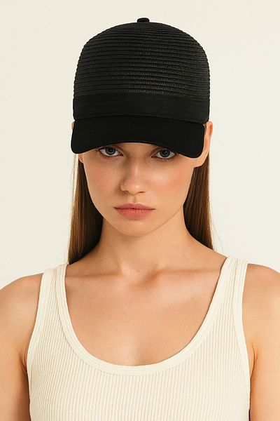 CosmoOutlet Women's Black Straw Detailed Adjustable Sports Summer Beach Hat