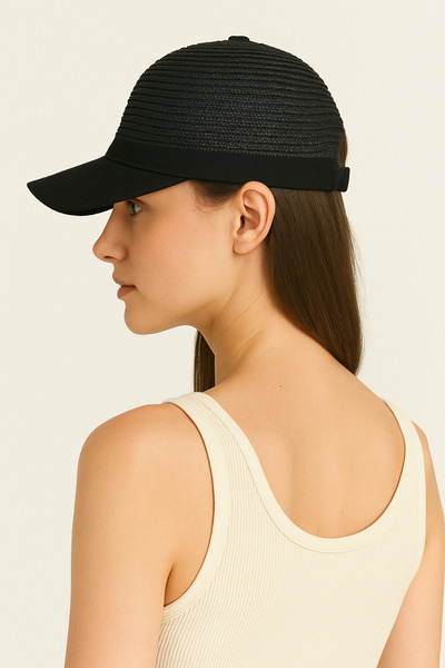 CosmoOutlet Women's Black Straw Detailed Adjustable Sports Summer Beach Hat