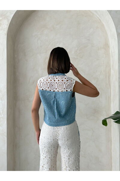 BRGCLOTHING Jachetă din denim cu paiete din bumbac din dantelă