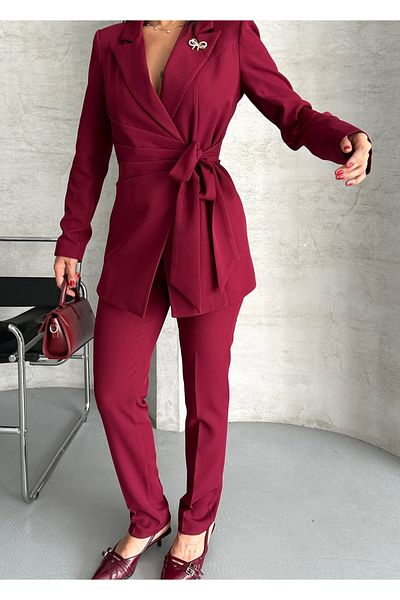 pembekurdelem Women's Tie-Up Jacket Trousers Suit Burgundy