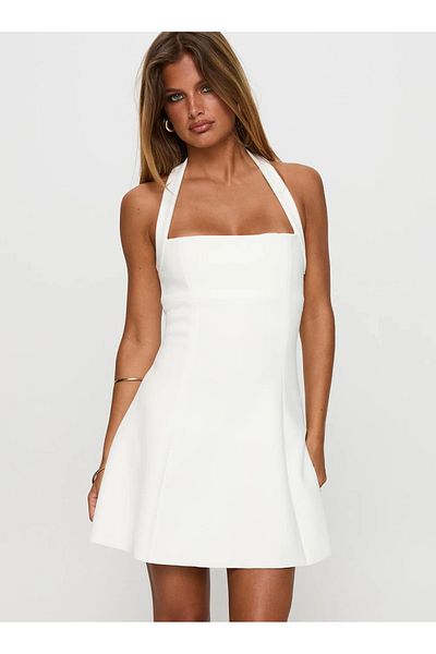 ÖZGESTORE Women's White Halter Neck A-Line Mini Dress