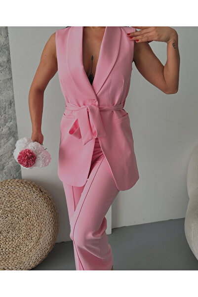 pembekurdelem Women's Shawl Collar and Belted Vest Pants Suit Pink