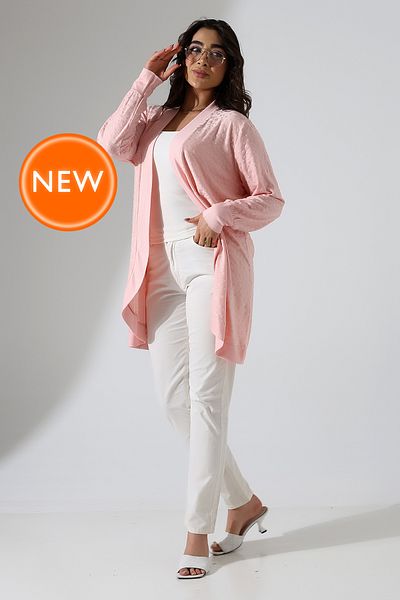Şiir Sola Women's Plus Size Combed Cotton Long Sleeve Open Front Oval Knitted Jacquard Stretchy Cardigan - Salmon