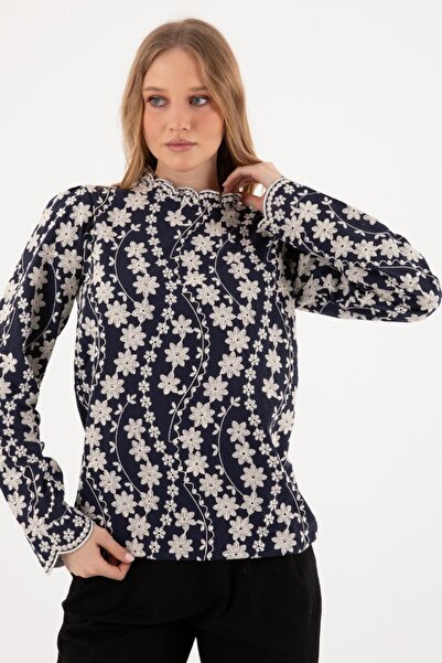 By Mare Style Garland-Lacquered Pure Cotton Navy Blue Blouse