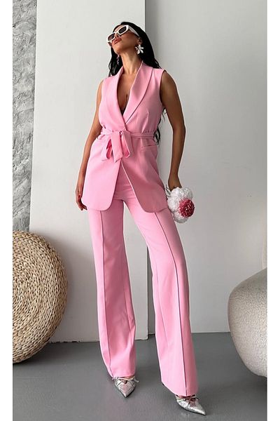 pembekurdelem Women's Shawl Collar and Belted Vest Pants Suit Pink