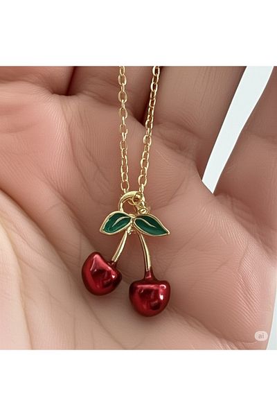 Esra Butik Hane Women's Gold Color Cherry Figured Necklace – Fruit Themed Summer Stylish Jewelry