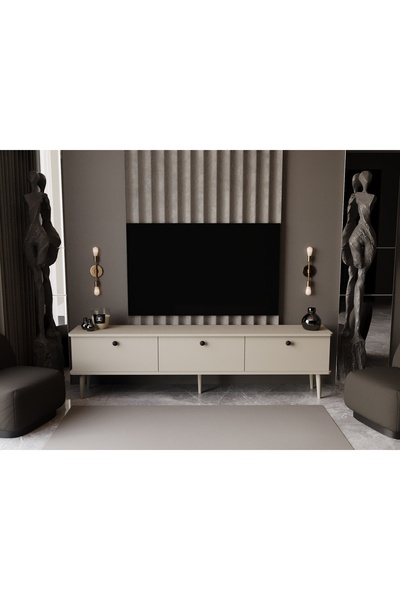 melura home LUNARIS TV ÜNİTESİ 180 CM 3 KAPAKLI OVAL KENAR %100 MDF LAKE AHŞAP AYAKLI