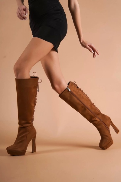PayBuy Women's Platform Heeled Below the Knee Boots Lace-Up Thick Heel Boots Zippered Modern Comfortable