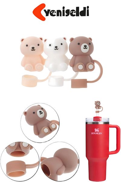 Yenigeldi 3 Pieces 10mm Teddy Bear Figured Silicone Straw Cover Dustproof Stnly Quencher Compatible Stopper Set