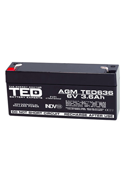 TED Electric Baterie reîncărcabilă F1/T1 6V staționară VRLA 3.6Ah AGM, dimensiuni 134x34x60 mm, TED636