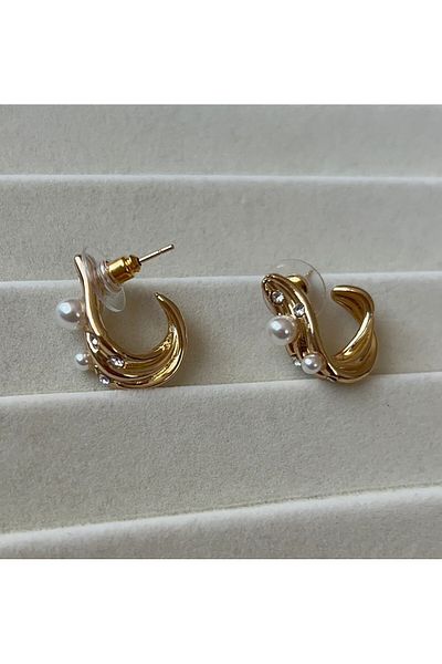 Goche Gold Wave Form Pearl and Stone Detailed Women's Earrings (2.2* 1.2)