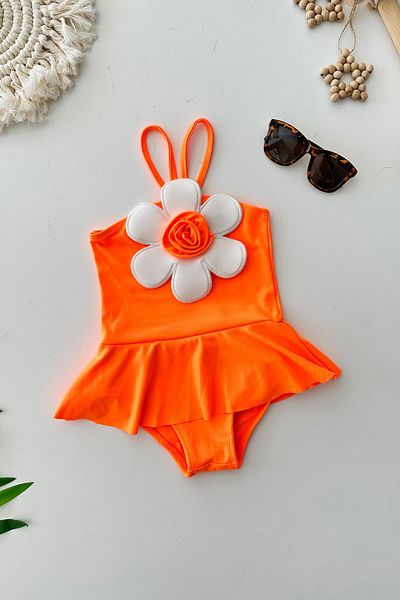 Minigimin Cicileri My Little Girl's Neon Daisy Appliqué Girl's Swimsuit - Orange