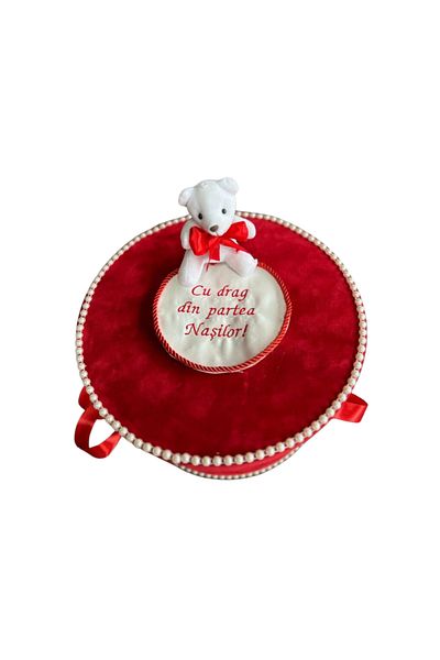 Botez Cufar botez – catifea rosu cu ursulet, 31x19 cm