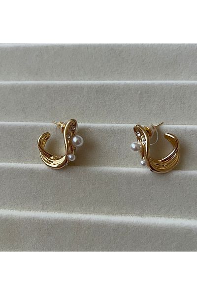 Goche Gold Wave Form Pearl and Stone Detailed Women's Earrings (2.2* 1.2)