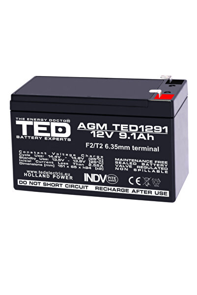 TED Electric Baterie Reincarcabila F2/T2 12V Stationara VRLA 9.1Ah AGM, Dimen...