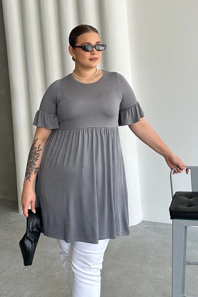 Stil Diva Plus Size Sleeve Detailed Elastic Waist Pleated Tunic T-Shirt T43