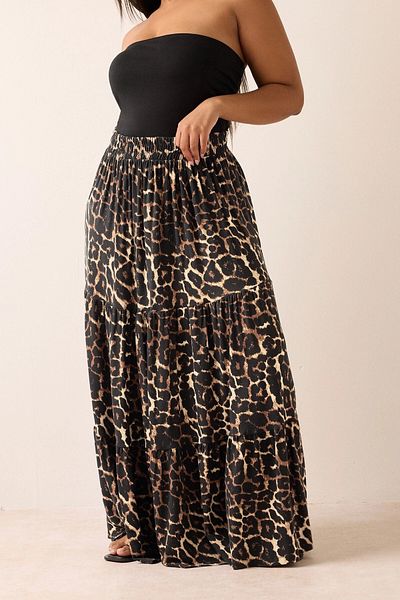 Stil Diva Plus Size Wrinkle Fabric Leopard Patterned Elastic Waist Skirt 304237