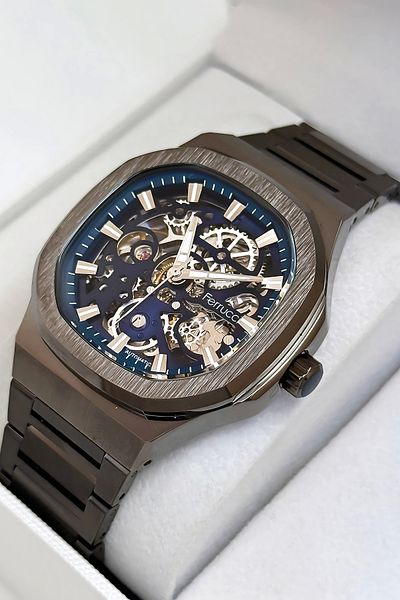 Ferrucci Automatic Mechanism Steel Cord & Case Men's Wrist Watch Bracelet Smoked Zmfer189