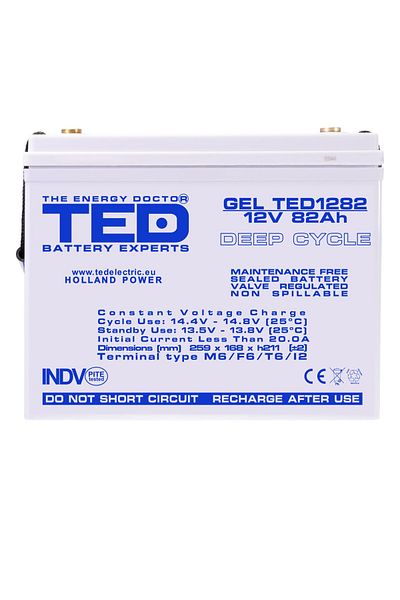 TED Electric Baterie solară reîncărcabilă cu GEL, ciclu profund, 12V 82Ah M6 VRLA, dimensiuni 259x168x211 mm, TED1282