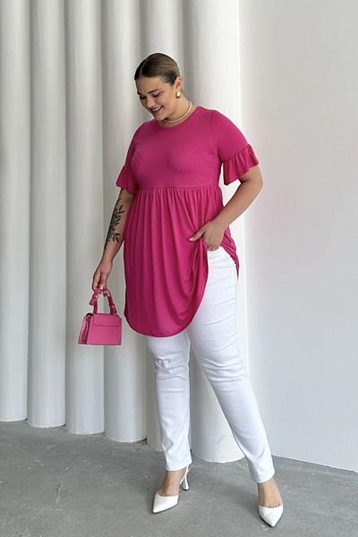 Stil Diva Plus Size Sleeve Detailed Elastic Waist Pleated Tunic T-Shirt T41