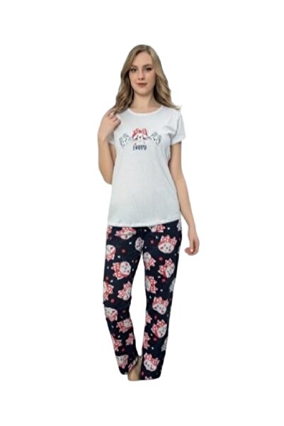 pamuklu Set pijama bluză și pantaloni cu imprimeu Happy, alb și bleumarin, XL