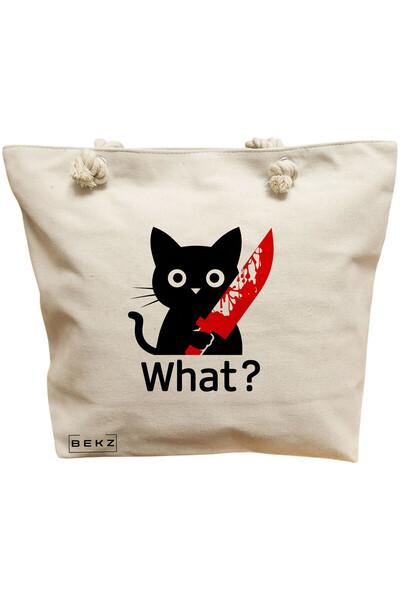 BEKZ Τσάντα Θαλάσσης, μοντέλο Αστεία Μαύρη Γάτα, 40x51 εκ., Κρεμ, BEKZ®