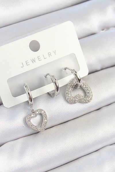 SeyCey.co Brass Zircon Stone Heart Model Silver Color 3-Piece Double Women's Earring Set