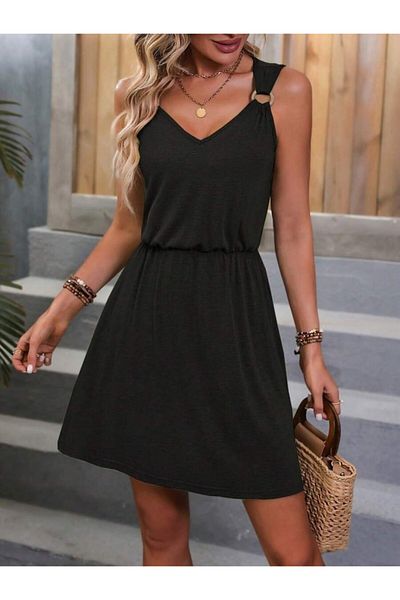 Viyamo New Season Women's Strap V-Neck Waist Gathered Accessory Detailed Viscose Dress