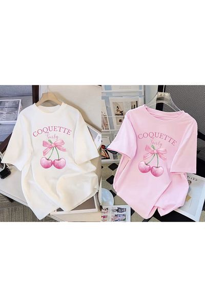 LG LAGULER Vestiti Coquette Cherry Printed White and Pink Summer Oversize Combed T-Shirt