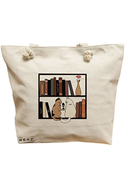 BEKZ Τσάντα Θαλάσσης, μοντέλο Cat Booky Life 2, 40x51 cm, Κρεμ, BEKZ®