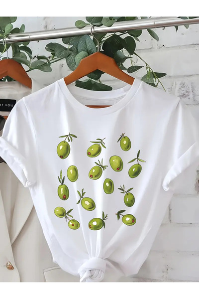 CLASİVA تي شيرت برقبة دائرية كبيرة الحجم مطبوع عليه زيتون للجنسين