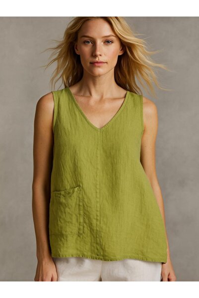 Butik İtalyan Sırt Dantel Detaylı Keten Bluz - YAĞ YEŞİLİ