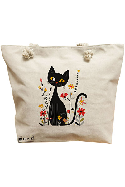BEKZ Τσάντα Θαλάσσης, μοντέλο 4 με Γάτες και Λουλούδια, 40x51 εκ., Κρεμ, BEKZ®