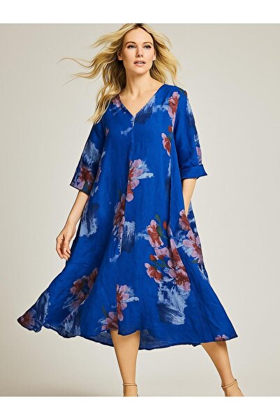 Butik İtalyan Çiçek Desenli Keten Elbise - SAKS MAVİSİ