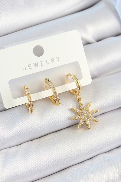 SeyCey.co Brass Zircon Stone Pole Star Model Gold Color 3-Piece Double Women's Earring Set