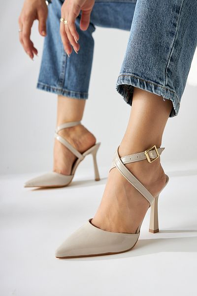 Limoya Elsi Beige Patent Leather Ankle Strap Women's Heeled Shoes