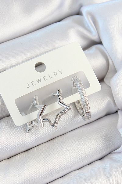 SeyCey.co Brass Zircon Stone Star and Ring Model Silver Color 3-Piece Double Women's Earring Set