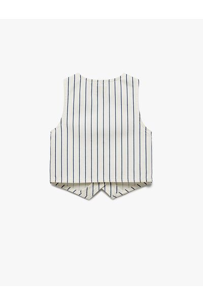 Koton Cotton V Neck Sleeveless Buttoned Striped Crop Denim Vest